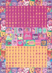 Size: 1200x1653 | Tagged: safe, derpibooru import, alphabittle (g5), hitch trailblazer, izzy moonbow, phyllis cloverleaf, pipp petals, queen haven, sprout cloverleaf, sunny starscout, zipp storm, earth pony, pegasus, pony, unicorn, my little pony: a new generation, abstract background, argyle starshine, female, g5, image, male, mane five (g5), mare, my little pony logo, png, scan, stallion, sticker