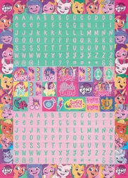 Size: 1200x1655 | Tagged: safe, derpibooru import, alphabittle (g5), hitch trailblazer, izzy moonbow, phyllis cloverleaf, pipp petals, queen haven, sprout cloverleaf, sunny starscout, zipp storm, earth pony, pegasus, pony, unicorn, my little pony: a new generation, abstract background, argyle starshine, female, g5, image, male, mane five (g5), mare, my little pony logo, png, scan, stallion, sticker