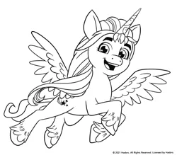 Size: 1884x1651 | Tagged: safe, derpibooru import, sunny starscout, alicorn, pony, my little pony: a new generation, spoiler:my little pony: a new generation, black and white, coloring page, female, g5, grayscale, image, mare, monochrome, png, scan, simple background, white background