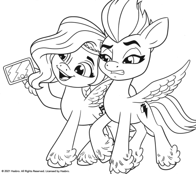 Size: 1877x1669 | Tagged: safe, derpibooru import, pipp petals, zipp storm, pegasus, pony, my little pony: a new generation, black and white, coloring page, cringing, female, g5, grayscale, image, mare, mobile phone, monochrome, phone, png, scan, simple background, smartphone, white background, zipp is not amused