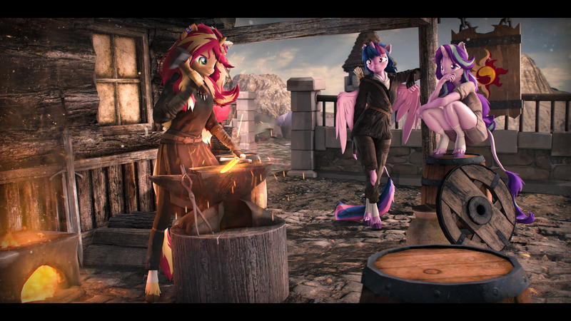 Size: 9600x5400 | Tagged: safe, artist:imafutureguitarhero, derpibooru import, sci-twi, starlight glimmer, sunset shimmer, twilight sparkle, twilight sparkle (alicorn), alicorn, anthro, classical unicorn, pony, unguligrade anthro, unicorn, 3d, absurd file size, absurd resolution, anvil, arm fluff, arrow, barrel, belt, black bars, blacksmith, cheek fluff, chromatic aberration, clothes, cloven hooves, colored eyebrows, colored eyelashes, cutie mark, dirty lens, dust, ear fluff, ear piercing, earring, embers, eye scar, female, film grain, fingerless gloves, fire, floppy ears, fluffy, forging, freckles, fur, furnace, gloves, glow, hammer, hand on mouth, hoof fluff, horn, image, jewelry, jpeg, leaning, leaning on something, leather gloves, leg fluff, leg wraps, leonine tail, log, logs, long hair, long mane, mare, medieval, messy hair, messy mane, multicolored hair, multicolored mane, multicolored tail, necklace, nose wrinkle, peppered bacon, piercing, pot, quiver, red hot, revamped ponies, revmaped anthros, scar, scarf, scitwilicorn, sign, signature, smithing, source filmmaker, squatting, sword, tail, tongs, torn clothes, trio, unshorn fetlocks, wagon wheel, wall of tags, weapon, wheel, wings