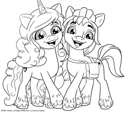Size: 1884x1672 | Tagged: safe, derpibooru import, izzy moonbow, sunny starscout, earth pony, pony, unicorn, my little pony: a new generation, black and white, coloring page, female, g5, grayscale, image, mare, monochrome, png, scan, simple background, white background