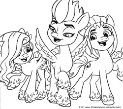 Size: 1890x1669 | Tagged: safe, derpibooru import, pipp petals, sunny starscout, zipp storm, earth pony, pegasus, pony, my little pony: a new generation, black and white, coloring page, female, g5, grayscale, image, mare, monochrome, png, scan, simple background, white background