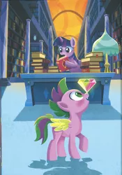 Size: 1729x2464 | Tagged: safe, derpibooru import, spike, twilight sparkle, twilight sparkle (alicorn), alicorn, a pony named spike, book, bookshelf, gem, image, jpeg, ponies balancing stuff on their nose