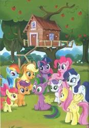 Size: 1717x2464 | Tagged: safe, derpibooru import, apple bloom, applejack, fluttershy, pinkie pie, rainbow dash, rarity, scootaloo, spike, sweetie belle, twilight sparkle, twilight sparkle (alicorn), ponified, alicorn, pony, a pony named spike, apple, apple tree, book, clubhouse, crusaders clubhouse, cutie mark crusaders, food, image, jpeg, mane six, ponified spike, species swap, tree