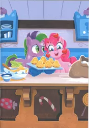 Size: 1737x2476 | Tagged: safe, derpibooru import, pinkie pie, spike, ponified, pony, a pony named spike, batter, book, food, heart, image, jpeg, oven mitts, ponified spike, species swap