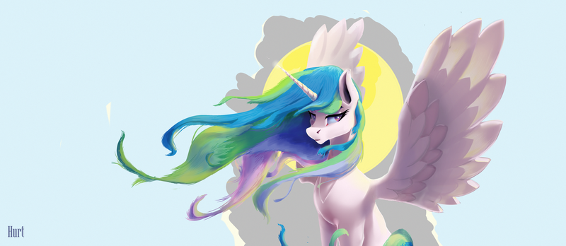 Size: 5640x2451 | Tagged: safe, artist:i love hurt, derpibooru import, princess celestia, alicorn, pony, glorious, halo, image, nimbus, png, serious, shadow, simple background, sitting, spread wings, wings