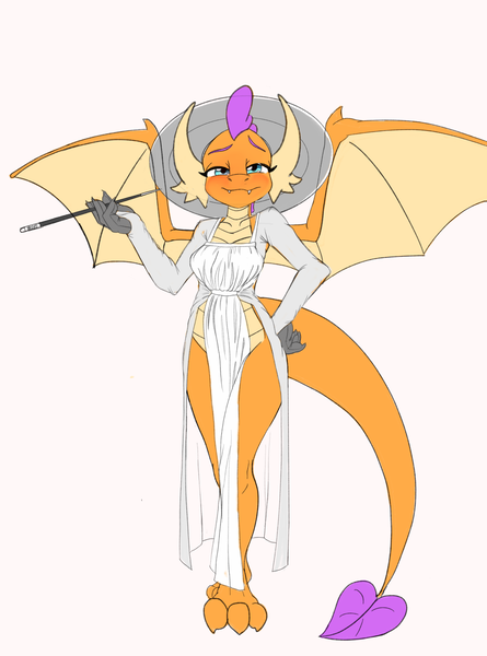 Size: 2300x3100 | Tagged: suggestive, artist:stardust-pony, derpibooru import, smolder, anthro, dragon, breasts, cleavage, clothes, cosplay, costume, dragoness, dress, female, image, lady dimitrescu, png, resident evil 8, smoking, solo, thighs