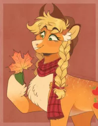 Size: 1096x1403 | Tagged: safe, artist:wanderingpegasus, derpibooru import, applejack, earth pony, pony, alternate hairstyle, applejack day, applejack's hat, autumn, chest fluff, clothes, coat markings, colored ears, cowboy hat, cute, ear fluff, eyebrows, eyebrows visible through hair, facial markings, female, freckles, grin, hat, image, jackabetes, leaf, mare, markings, pale belly, pigtails, png, red background, scarf, simple background, smiling, snip (coat marking), socks (coat marking), solo, unshorn fetlocks