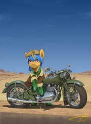 Size: 2500x3412 | Tagged: safe, artist:1jaz, derpibooru import, oc, oc:desert storm, unofficial characters only, pony, unicorn, fanfic:revanchism, beret, bodysuit, bomber jacket, cigarette, clothes, commission, desert, fanfic art, female, hat, high res, horn, image, jacket, male, military, motorcycle, patch, png, road, sergeant, smoking, soldier, solo, story art, thousand yard stare, unicorn oc, uniform