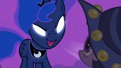 Size: 1920x1080 | Tagged: safe, derpibooru import, screencap, princess luna, twilight sparkle, alicorn, pony, unicorn, luna eclipsed, season 2, female, glow, glowing eyes, image, mare, png, star swirl the bearded costume, traditional royal canterlot voice