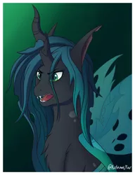 Size: 2282x2964 | Tagged: safe, artist:autumnsfur, artist:autumnsfurart, derpibooru import, queen chrysalis, anthro, changeling, changeling queen, pony, anatomy, angry, annoyed, digital art, evil laugh, fangs, female, image, laughing, mare, open mouth, png, simple background, solo