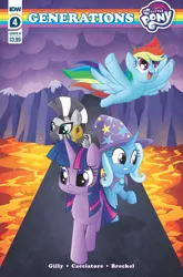 Size: 2063x3131 | Tagged: safe, artist:agnesgarbowska, derpibooru import, idw, rainbow dash, trixie, twilight sparkle, twilight sparkle (alicorn), zecora, alicorn, pegasus, unicorn, zebra, spoiler:comic, spoiler:comicgenerations04, comic, female, image, jpeg, my little pony: generations, volcano