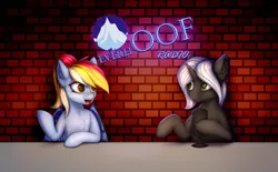 Size: 2452x1520 | Tagged: safe, artist:colourwave, derpibooru import, oc, oc:colourwave, oc:nethlarion, unofficial characters only, pegasus, pony, semi-anthro, unicorn, brick wall, everhoof radio, female, horn, image, interview, logo, male, microphone, not rainbow dash, pegasus oc, png, podcast, radio, sitting, table, talking, unicorn oc, wings