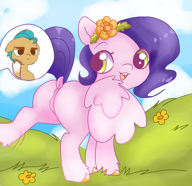 Size: 1239x1200 | Tagged: safe, artist:mushy, derpibooru import, hitch trailblazer, pipp petals, earth pony, pegasus, pony, g5, my little pony: a new generation, butt, colored hooves, dock, featureless crotch, female, female focus, flower, image, implied anus, implied hitchpipp, implied labia, inset, mare, pipp butt, plot, png, solo focus, tail, unshorn fetlocks