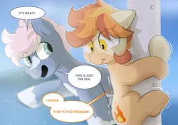 Size: 2064x1457 | Tagged: safe, artist:mochi_nation, derpibooru import, oc, oc:flame egg, oc:water socks, unofficial characters only, earth pony, pony, coat markings, dialogue, duo, female, image, jpeg, male, mare, nervous, scared, shivering, shrunken pupils, speech bubble, stallion, sweat