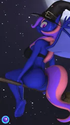 Size: 2160x3840 | Tagged: suggestive, artist:pootanger_sfm, derpibooru import, oc, oc:shy knight, anthro, bat pony, plantigrade anthro, 3d, barefoot, bat pony oc, bat wings, big breasts, breasts, broom, butt, clothes, costume, feet, flying, flying broomstick, halloween, halloween costume, hat, holiday, horn, image, large butt, looking at you, looking back, looking back at you, looking down, looking over shoulder, moon, night, png, soles, source filmmaker, wings, witch, witch hat