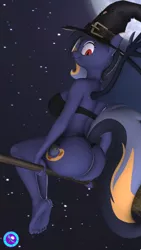 Size: 2160x3840 | Tagged: suggestive, artist:pootanger_sfm, derpibooru import, oc, oc:eve, anthro, bat pony, plantigrade anthro, 3d, barefoot, bat pony oc, bat wings, big breasts, breasts, broom, butt, clothes, costume, feet, flying, flying broomstick, halloween, halloween costume, hat, holiday, horn, image, large butt, looking at you, looking back, looking back at you, looking down, looking over shoulder, moon, night, png, soles, source filmmaker, wings, witch, witch hat