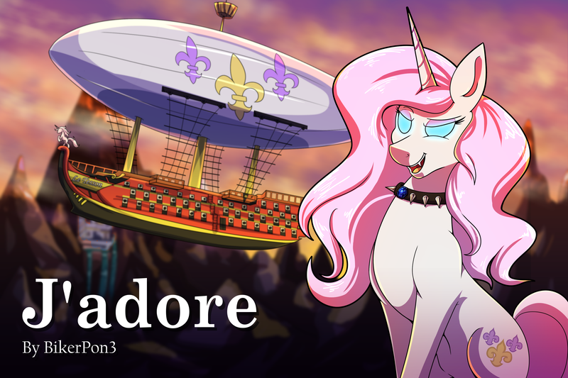 Size: 3000x2000 | Tagged: safe, artist:littletigressda, derpibooru import, fleur-de-lis, pony, siren, unicorn, fanfic:j'adore, airship, collar, commission, cover art, disguise, disguised siren, fangs, female, gem, glow, glowing eyes, image, mare, mountain, mountain range, open mouth, open smile, png, siren gem, sirenified, smiling, species swap, spiked collar