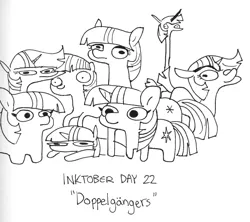 Size: 1863x1654 | Tagged: safe, artist:tjpones, derpibooru import, twilight sparkle, earth pony, pony, unicorn, black and white, doppleganger, earth pony twilight, grayscale, image, inktober, inktober 2021, monochrome, multeity, necc, png, race swap, simple background, sparkle sparkle sparkle, traditional art, twiggie, unicorn twilight, white background