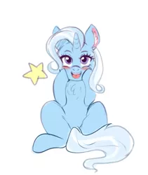 Size: 1079x1280 | Tagged: safe, artist:mrscurlystyles, derpibooru import, trixie, pony, unicorn, abstract background, blushing, chest fluff, cute, diatrixes, ear fluff, eyelashes, female, horn, image, jpeg, mare, open mouth, open smile, purple eyes, simple background, sitting, smiling, solo, stars, tail, white background