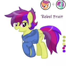 Size: 3200x3200 | Tagged: safe, artist:taeko, derpibooru import, banana bliss, scootaloo, oc, oc:rebel fruit, unofficial characters only, pegasus, pony, bad shading, blue hoodie, clothes, colours, fanart, folded wings, green fur, hoodie, image, lidded eyes, looking at you, magical lesbian spawn, multicolored mane, multicolored tail, offspring, parent:banana bliss, parent:scootaloo, parents:bananaloo, png, purple eyes, purple mane, purple tail, simple background, smiling, smiling at you, solo, tail, teeth, text, white background, wings
