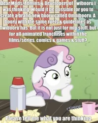 Size: 451x568 | Tagged: editor needed, source needed, safe, edit, edited screencap, screencap, twibooru exclusive, sweetie belle, pony, unicorn, twibooru, ponyville confidential, season 2, building, bush, caption, closed mouth, coffee, cropped, cute, day, diasweetes, door, exploitable meme, eyelashes, eyes open, female, filly, floppy ears, g4, grass, grass field, hoof under chin, image, image macro, impact font, meme, meme origin, meta, misspelling, mouth closed, mug, nostrils, notepad, obligatory pony, open eyes, outdoors, paper, png, ponyville schoolhouse, question, question mark, school, solo, sudden clarity sweetie belle, table, text, text edit, thermos, thinking, tree, wall of tags, window