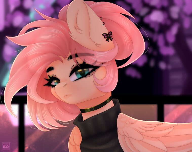 Size: 2048x1621 | Tagged: safe, artist:elektra-gertly, derpibooru import, fluttershy, pegasus, pony, choker, clothes, ear piercing, earring, female, image, jewelry, jpeg, looking at you, mare, piercing, ponytail, solo, sweater, turtleneck