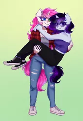 Size: 1403x2048 | Tagged: safe, artist:zowzowo, derpibooru import, oc, unofficial characters only, anthro, unicorn, aviators, breasts, bridal carry, carrying, cleavage, clothes, commission, converse, couple, flannel, fullbody, glasses, heterochromia, image, jeans, jpeg, leggings, pants, ripped jeans, ripped pants, shoes, simple background, torn clothes, tube top