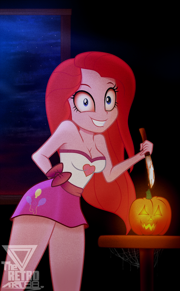 Size: 1306x2098 | Tagged: safe, artist:theretroart88, derpibooru import, pinkie pie, equestria girls, breasts, busty pinkie pie, cleavage, halloween, holiday, image, looking at you, pinkamena diane pie, png, pumpkin, solo