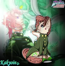 Size: 866x870 | Tagged: safe, artist:lisarasik21, derpibooru import, ponified, human, pony, button, cherry, clothes, crying, cutie mark, ear piercing, earring, food, green hooves, green jacket, heirophant green, image, jacket, jewelry, jojo's bizarre adventure, light skin, noriaki kakyoin, piercing, pink hair, pink mane, png, purple hair, sitting, smiling, tears of joy