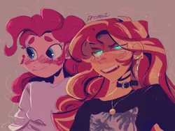 Size: 2048x1536 | Tagged: safe, artist:dreamz, derpibooru import, pinkie pie, sunset shimmer, equestria girls, blushing, image, implied sunsetpie, jpeg, simple background