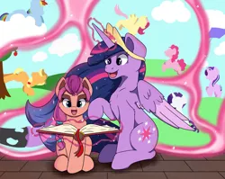 Size: 5811x4618 | Tagged: safe, artist:backgroundpony#f352, derpibooru import, applejack, fluttershy, pinkie pie, rainbow dash, rarity, starlight glimmer, sunny starscout, twilight sparkle, twilight sparkle (alicorn), alicorn, changeling, earth pony, pegasus, pony, unicorn, book, cloud, crown, eyes open, female, flying, g5, horn, image, jewelry, kite, magic, mare, memories, mlp fim's eleventh anniversary, open book, png, regalia, wings