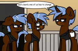 Size: 800x529 | Tagged: safe, artist:tranzmuteproductions, derpibooru import, oc, oc:any pony, unofficial characters only, earth pony, pony, unicorn, clothes, earth pony oc, frown, glasses, horn, image, indoors, multeity, png, talking, unamused, unicorn oc