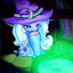 Size: 3000x3000 | Tagged: safe, artist:umbrapone, derpibooru import, trixie, pony, unicorn, book, bookshelf, buckle, cauldron, chest fluff, crescent moon, giggling, hat, hoof on chin, image, jewelry, magic, moon, necklace, particles, pentagram, pink hoof, png, purple eyes, sparkles, table, witch, witch hat, witchcraft