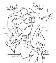 Size: 1024x1151 | Tagged: safe, artist:silverwing, derpibooru import, fluttershy, human, equestria girls, blouse, clothes, cute, dress, female, image, lineart, png, shirt, sitting, sketch, sneeze spray, sneezing, sneezing fit, solo, spray, turning away