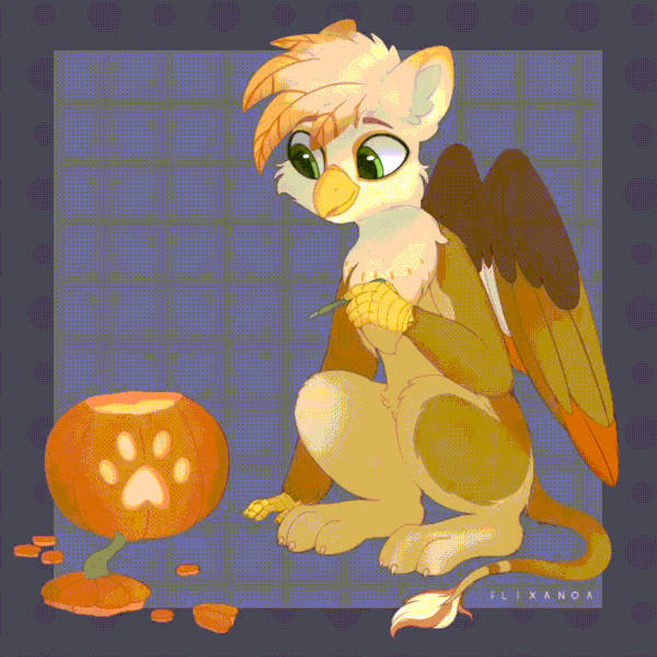 Size: 1178x1178 | Tagged: safe, artist:flixanoa, derpibooru import, oc, oc:ember burd, unofficial characters only, gryphon, animated, beak, eared griffon, gif, griffon oc, halloween, holiday, image, jack-o-lantern, knife, paw prints, paws, pumpkin, pumpkin carving, sitting, solo, tail, talons, wings