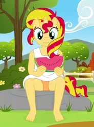 Size: 1936x2624 | Tagged: suggestive, artist:tolpain, banned from derpibooru, derpibooru import, sunset shimmer, anthro, unicorn, barefoot, clothes, cute, dress, eating, feet, female, food, image, lolicon, outdoors, panties, panty shot, png, sundress, underage, underwear, watermelon, younger