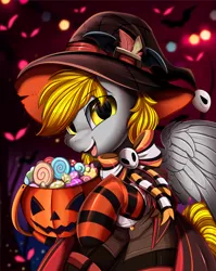 Size: 2550x3209 | Tagged: safe, artist:pridark, derpibooru import, part of a set, oc, unofficial characters only, pegasus, pony, bucket, candy, clothes, commission, costume, female, food, halloween, hat, high res, holiday, image, jack-o-lantern, mare, open mouth, part of a series, pegasus oc, png, pumpkin, pumpkin bucket, socks, solo, striped socks, wings, witch hat, ych result