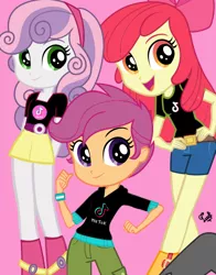 Size: 434x554 | Tagged: safe, artist:flutteryaylove, derpibooru import, edit, edited screencap, screencap, apple bloom, scootaloo, sweetie belle, equestria girls, cutie mark crusaders, image, pink background, png, simple background, tiktok