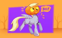 Size: 1860x1136 | Tagged: safe, artist:another_pony, derpibooru import, derpy hooves, pegasus, pony, boo, dead tree, dialogue, female, halloween, holiday, image, jack-o-lantern, mare, nightmare night, png, pumpkin, pumpkin head, solo, speech bubble, tree, wings