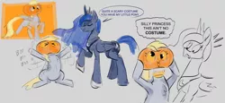 Size: 3065x1416 | Tagged: safe, artist:another_pony, derpibooru import, derpy hooves, princess luna, alicorn, pegasus, pony, boo, chest fluff, dialogue, duo, eyes closed, female, folded wings, halloween, headless, holiday, image, jack-o-lantern, jewelry, mare, nightmare night, open mouth, open smile, png, pumpkin, pumpkin head, raised hoof, regalia, sitting, smiling, speech bubble, surprised, waving arms, wings