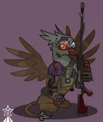 Size: 4245x5021 | Tagged: safe, artist:devorierdeos, derpibooru import, oc, oc:thunderer, cyborg, gryphon, fallout equestria, antimaterial rifle, antimech, griffon oc, image, injured, png, red eye army, red eyes, robot eye, simple background, sitting, sniper, spread wings, wings