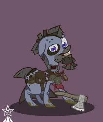 Size: 4245x5021 | Tagged: safe, artist:devorierdeos, derpibooru import, oc, unofficial characters only, earth pony, fallout equestria, axe, bad teeth, bags, beard, blue eyes, bomb collar, collar, dirty, dirty hooves, earth pony oc, facial hair, image, pipe pistol, png, raider, simple background, soiled hooves, weapon