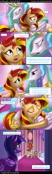 Size: 600x2000 | Tagged: safe, artist:imdrunkontea, derpibooru import, edit, editor:enrique zx, princess celestia, sunset shimmer, twilight sparkle, twilight sparkle (alicorn), alicorn, pony, unicorn, comic:the reunion, equestria girls, equestria girls series, comic, crying, dialogue, horn, hug, image, png, spanish, spanish description, speech bubble, wings, wings down