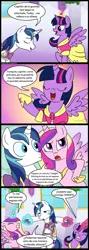 Size: 713x2000 | Tagged: safe, artist:madmax, derpibooru import, editor:enrique zx, princess cadance, shining armor, twilight sparkle, twilight sparkle (alicorn), alicorn, pony, unicorn, brother, brother and sister, clothes, comic, commission, commissioner:tan575, coronation dress, dialogue, dress, female, horn, husband and wife, image, male, mare, png, shining armor gets all the mares, shiningcadance, shipping, siblings, spanish, spanish description, speech bubble, straight, translation, wings