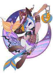 Size: 2448x3320 | Tagged: safe, artist:musicfirewind, derpibooru import, oc, oc:gulfstream, unofficial characters only, original species, shark, shark pony, bat wings, broom, flannel, flying, flying broomstick, halloween, hat, holiday, image, jack-o-lantern, png, pumpkin, simple background, smiling, solo, transparent background, wings, witch hat