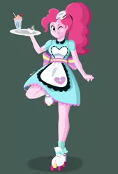 Size: 1350x2000 | Tagged: safe, artist:biocrine, derpibooru import, pinkie pie, equestria girls, equestria girls series, coffee, female, image, milkshake, one eye closed, png, raised leg, roller skates, server pinkie pie, smiling, solo, standing, standing on one leg, wink