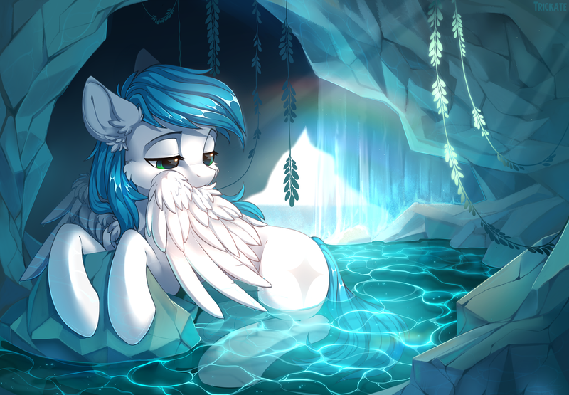 Size: 2885x2000 | Tagged: safe, artist:trickate, derpibooru import, oc, unofficial characters only, pegasus, pony, cave, cute, grooming, high res, image, lidded eyes, pegasus oc, png, preening, solo, water, wings