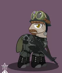 Size: 4245x5021 | Tagged: safe, artist:devorierdeos, derpibooru import, oc, unofficial characters only, earth pony, pony, fallout equestria, armor, assault rifle, beard, boots, clothes, earth pony oc, facial hair, gun, helmet, image, male, military, military pony, military uniform, moustache, png, rifle, shoes, simple background, soldier, stallion, steel ranger, steel ranger knight, tactical, tactical glasses, uniform, weapon, yellow eyes